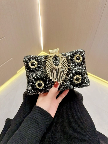 Borsa da Sera Vintage con Strass da Donna Pochette Nera di Lusso con Tracolla a Catena Dorata per Matrimonio Banchetto Festa