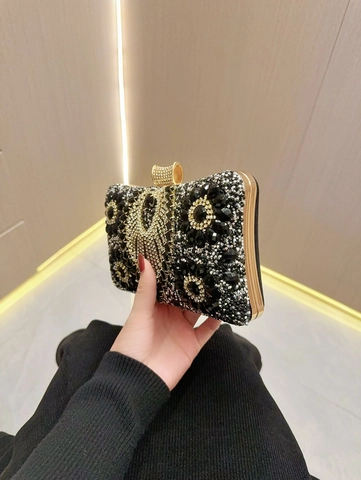 Borsa da Sera Vintage con Strass da Donna Pochette Nera di Lusso con Tracolla a Catena Dorata per Matrimonio Banchetto Festa