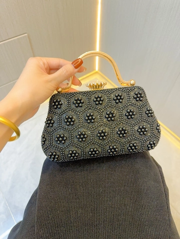 Retro Faux Artificial Pearl Beaded Evening Bag Handheld Clutch Shell Shape Floral Rhinestone Wedding Party Bag For Women