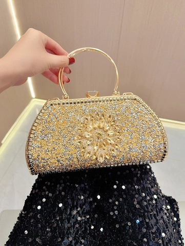 Borsa Da Sera Elegante Strass Paillettes Manico Anello Metallo Tracolla Catena Per Donne Banchetto Matrimonio Festa