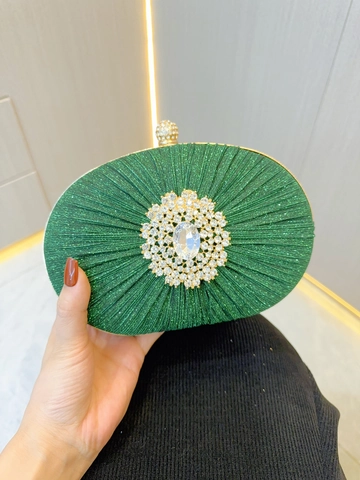 Pleated Evening Clutch Bag Shell Shape Floral Rhinestone Elegant Banquet Party Wedding Handbag With Removable Chain