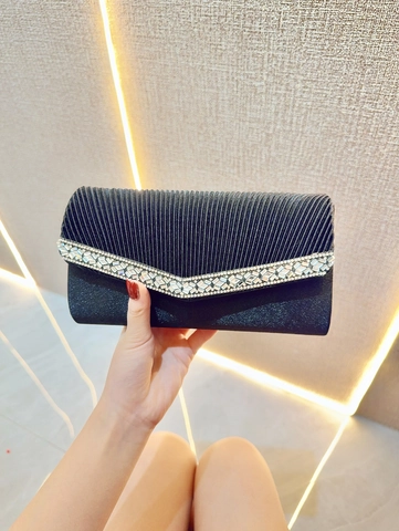 Bolso De Mano De Noche Para Mujer Tela Plisada Decoración De Strass Con Correa De Cadena De Metal Desmontable
