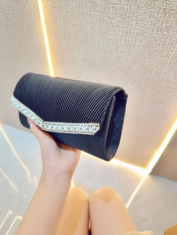Bolso De Mano De Noche Para Mujer Tela Plisada Decoración De Strass Con Correa De Cadena De Metal Desmontable