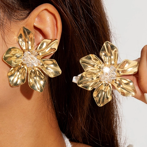 Orecchini Oro Metallo Martellato Geometrico Fiore Cuore Goccia Perla Artificial Perno In Argento Sterling 925 Gioielli