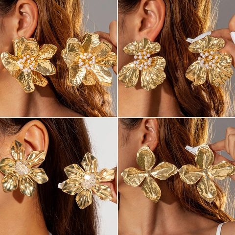 Orecchini Oro Metallo Martellato Geometrico Fiore Cuore Goccia Perla Artificial Perno In Argento Sterling 925 Gioielli