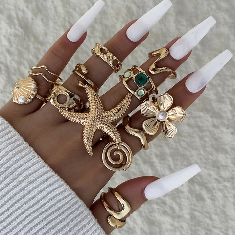 Anelli In Lega Con Künstliche Perle Sintetiche E Pietre Verdi Stella Marina Conchiglia Fiore Per Donna Moda Spiaggia Vacanze