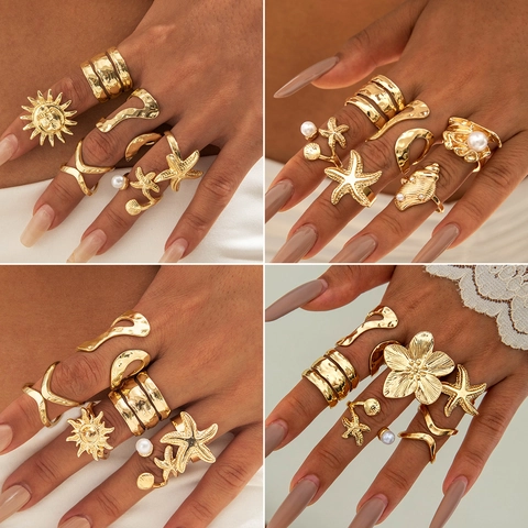 Anelli Da Dito In Stile Oceano Bohémien Lega Imitazione Perla Artificial Stella Marina Conchiglia Fiore Sole Gioielli Geometrici Per Donna