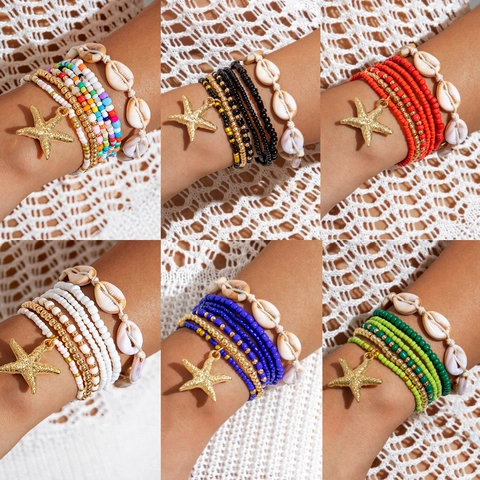 Boheemse Meerlagige Armband Zeester Hanger Kauri Schelp Hars Kralen Legering Zomer Strand Vakantie Sieraden Voor Dames