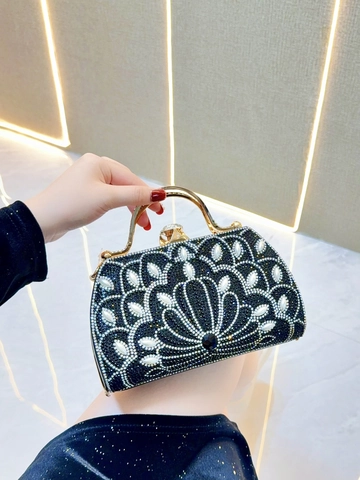 Luxury Women Evening Clutch Bag Rhinestone Faux Artificial Pearl Sunflower Pattern Gold Handle Handbag Wedding Party Prom Hard Shell