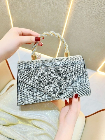 Evening Bag Rhinestone Faux Artificial Pearl Elegant Square Clutch With Metal Handle Chain Strap For Wedding Party Women