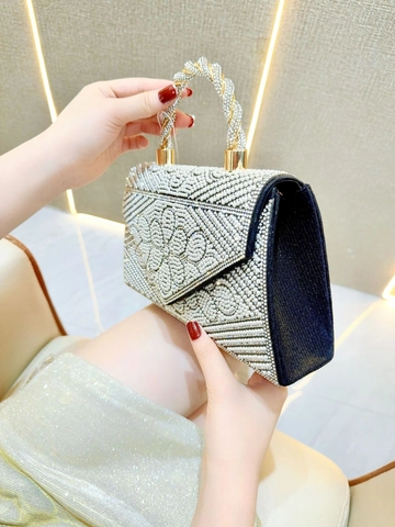 Evening Bag Rhinestone Faux Artificial Pearl Elegant Square Clutch With Metal Handle Chain Strap For Wedding Party Women