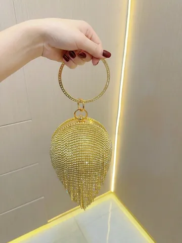 Lussuosa Borsa da Sera con Strass e Nappina Pochette Sferica Con Manico Rotondo Catena in Metallo Tracolla per Matrimonio Festa Donna