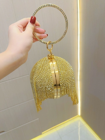 Lussuosa Borsa da Sera con Strass e Nappina Pochette Sferica Con Manico Rotondo Catena in Metallo Tracolla per Matrimonio Festa Donna