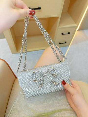 Borsa Da Sera Strass PVC Fodera PU Fiocco Brillantini Catena Metallo Borsa A Tracolla Festa Matrimonio