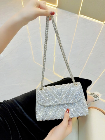 Luxury Artificial Pearl Rhinestone Evening Bag For Women V-Shaped Pattern Clutch Purse With Chain Shoulder Strap For Wedding Party Banquet