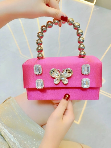 Luxury Rhinestone Butterfly Satin Evening Bag For Women Elegant Square Box Handbag With Metal Ball Handle Wedding Party Clutch