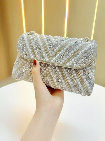 Luxury Artificial Pearl Rhinestone Evening Bag For Women V-Shaped Pattern Clutch Purse With Chain Shoulder Strap For Wedding Party Banquet