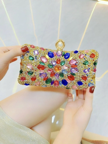 Luxurious Evening Clutch Bag Rhinestone Crystal Inlaid Formal Party Purse With Artificial Pearl Clasp And Detachable Chain