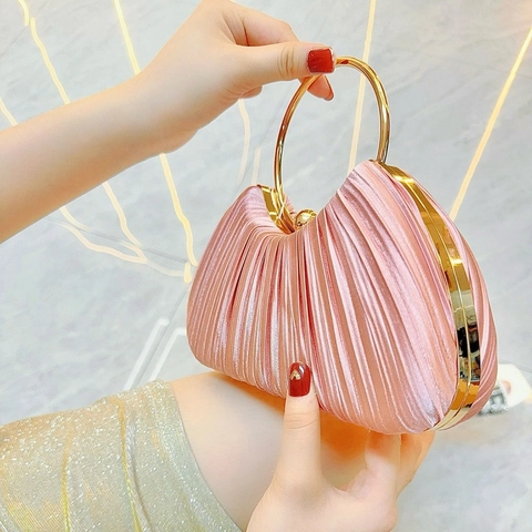 Satin Satin Pleated Evening Clutch Bag With Gold Metal Ring Handle Wedding Party Banquet Formal Purse For Women