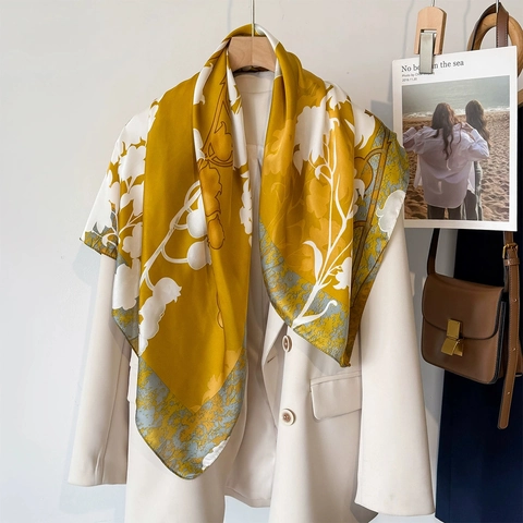 Elegant Ginger Yellow Floral Print Satin Square Scarf For Women Faux Silk Head Scarf Handkerchief Neck Accessory Vintage Decorative Scarf