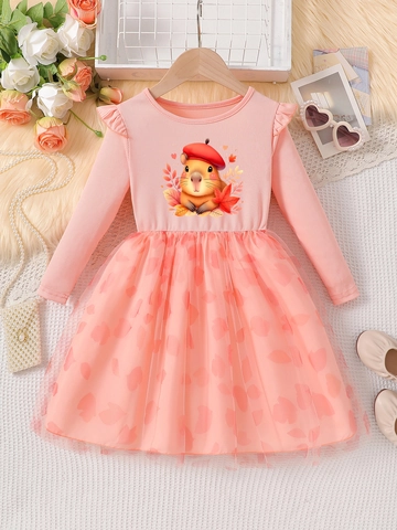 Girls Long Sleeve Ribbed Knit Mesh Dress Spliced Pink Heart Pattern Princess Tutu Party Dress With Cartoon Capybara Print