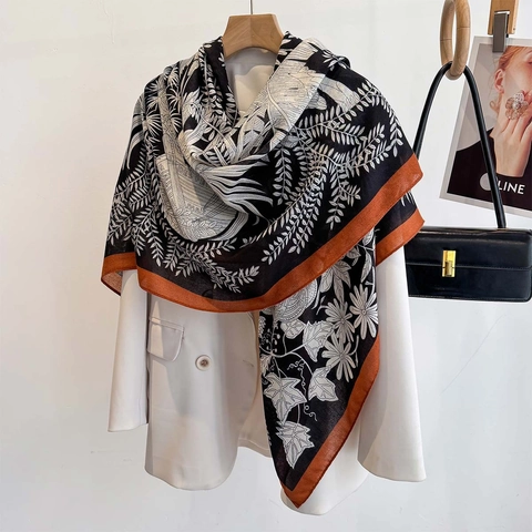 Elegant Large Square Scarf Tropical Plant Print Satin Feeling Sunscreen Shawl Wrap For Women Fashion