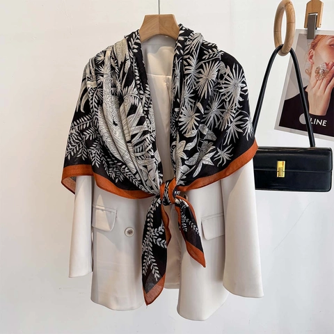 Elegant Large Square Scarf Tropical Plant Print Satin Feeling Sunscreen Shawl Wrap For Women Fashion