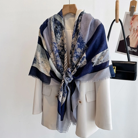 Damen Patchwork Geometrisch Abstrakt Kunst Schal Großes Quadratisches Tuch Leichter Polyester Schal Eleganter Fransen Accessory