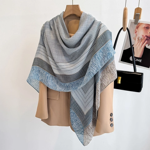 Grande Sciarpa Quadrata Donna Patchwork Geometrico Righe Poliestere Scialle Con Nappe