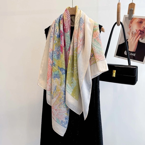 Grote Vierkante Sjaal Tropische Planten Bloemenprint Polyester Satijngevoel Sjaal Wrap Voor Dames Elegant