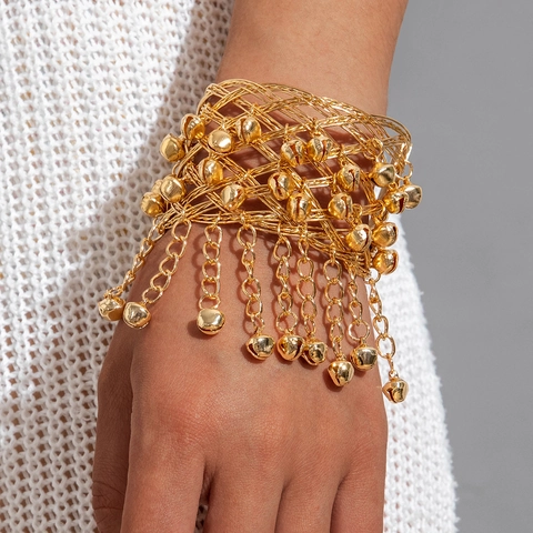 Bracciale Rigido Largo In Maglia Con Pendenti A Campanella Tonalità Oro Metallo Intrecciato Cavo Gioielli Boho Etnici Per Donna