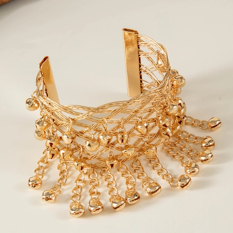 Bohemian Ethnic Multi Layer Woven Gold Armband Bangle Bracelet With Tassel Bells Iron Alloy Vintage Jewelry For Women Performance Party