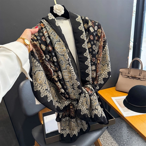 Sciarpa Scialle Con Stampa Paisley Poliestere Effetto Cotone Lino Stile Bohemien Vintage Lungo Per Donne