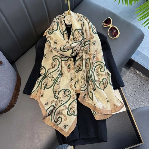 Paisley Print Scarf Large Shawl Polyester Cotton Linen Feel Soft Lightweight Retro For Women Sun Protection Beach Travel