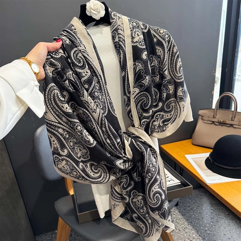 Paisley Print Scarf Large Shawl Polyester Cotton Linen Feel Soft Lightweight Retro For Women Sun Protection Beach Travel