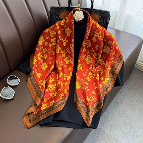 Chinese Style Blessing Character Print Red Satin Square Scarf Elegant Traditional Faux Satin Large Shawl For Women
