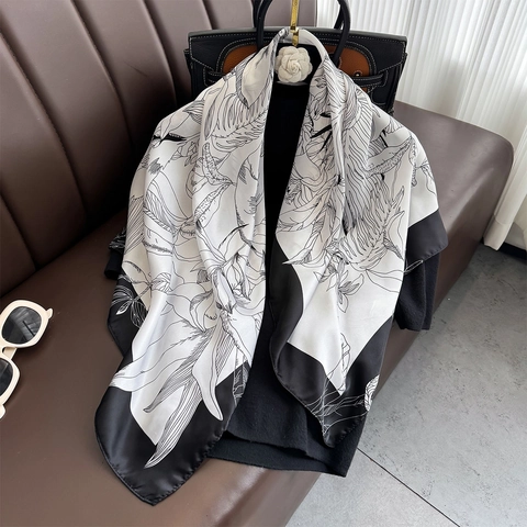 Grand Foulard Carré En Satin De Satin Artificielle Imprimé Floral Botanique Vintage Noir Blanc Élégant