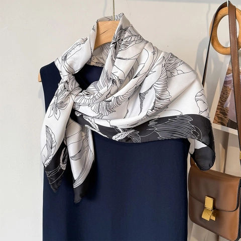 Grand Foulard Carré En Satin De Satin Artificielle Imprimé Floral Botanique Vintage Noir Blanc Élégant