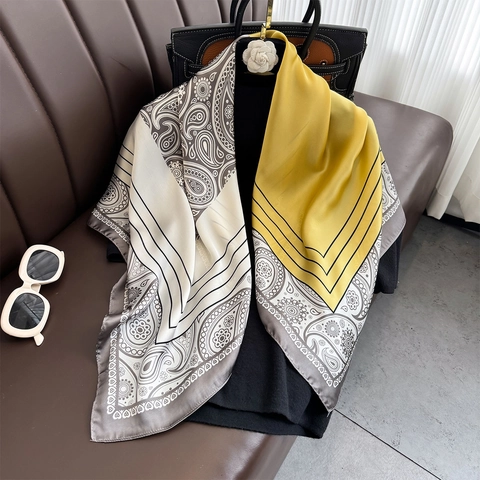 Grande Sciarpa Quadrata In Satin Di Poliestere Con Stampa Paisley Blocchi Di Colore Foulard Decorativo Scialle Protezione Solare Donna