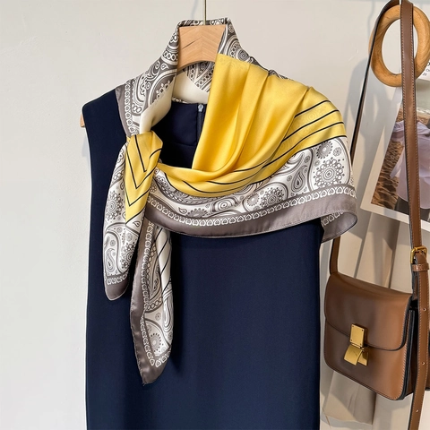 Grande Sciarpa Quadrata In Satin Di Poliestere Con Stampa Paisley Blocchi Di Colore Foulard Decorativo Scialle Protezione Solare Donna