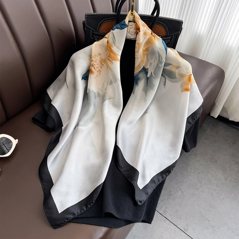 Floral Print Satin Square Scarf Elegant Faux Satin Neck Scarf Professional Office Head Wrap Accessories