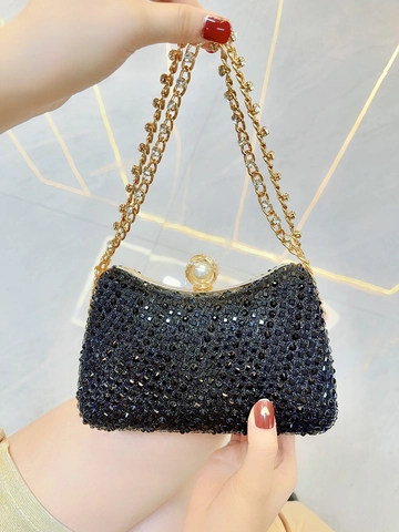 Full Rhinestone Evening Clutch Bag For Women Sparkling Formal Banquet Wedding Party Purse With Faux Artificial Pearl Metal Frame