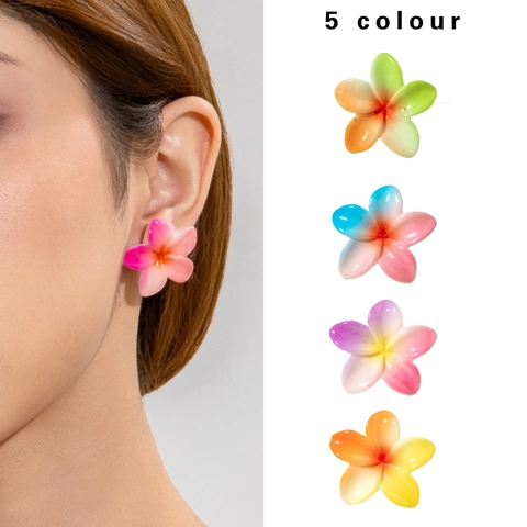 Tropical Plumeria Resin Flower Stud Earrings Gradient Color Petal Jewelry For Summer Beach Vacation Women Accessories