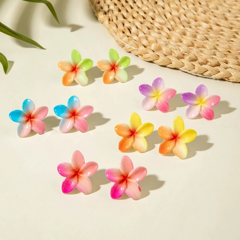 Tropical Plumeria Resin Flower Stud Earrings Gradient Color Petal Jewelry For Summer Beach Vacation Women Accessories