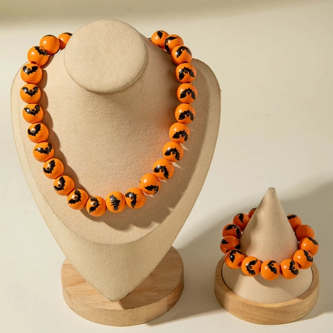 Set Gioielli Halloween Perline Legno Resina Pipistrello Teschio Zucca Gotico Festa Retro Etnico Accessori
