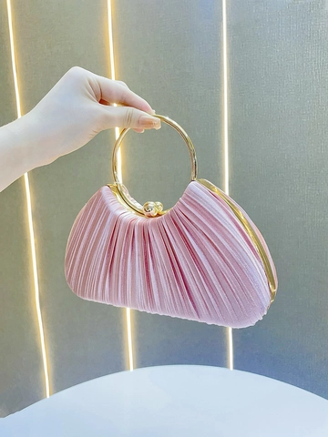 Borsa da Sera in Raso Plissettato Con Manico Tondo in Metallo Dorato Elegante Clutch Vintage per Donna Festa Matrimonio