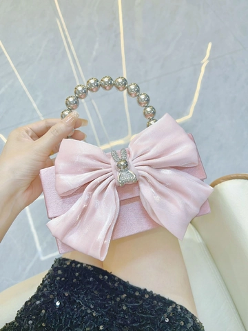 Borsa Da Sera In Raso Fiocco Gigante Coniglio Strass Manico Perline Borsa A Mano Per Matrimonio Catena Metallo Elegante
