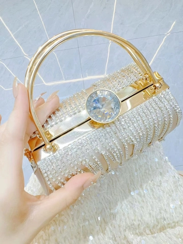 Luxus Abendtasche Mit Strassfransen Und Metallgriff Polyester Kristallverschluss Clutch Für Damen Hochzeit Party Bankett