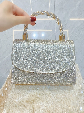 Full Rhinestone Evening Handbag With Twisted Metal Handle Elegant Luxury Flap Box Bag For Wedding Party Banquet