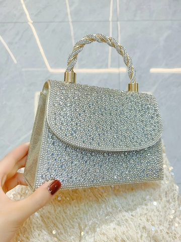Full Rhinestone Evening Handbag With Twisted Metal Handle Elegant Luxury Flap Box Bag For Wedding Party Banquet